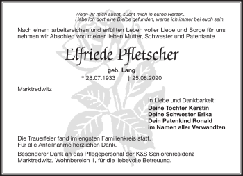 Traueranzeige von Elfriede Pfletscher von Frankenpost
