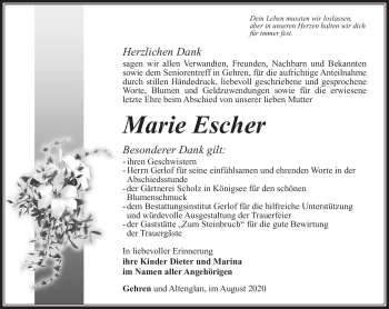 Traueranzeige von Marie Escher von Südthüringer Presse