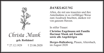 Traueranzeige von Christa Munk von Südthüringer Presse
