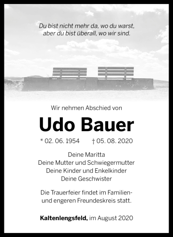Traueranzeige von Udo Bauer von Südthüringer Presse