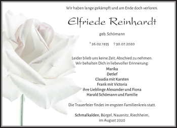 Traueranzeige von Elfriede Reinhardt von Südthüringer Presse