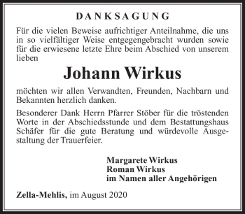 Traueranzeige von Johann Wirkus von Südthüringer Presse