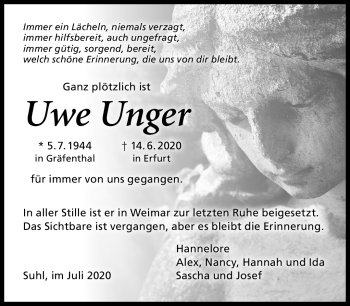 Traueranzeige von Uwe Unger von Südthüringer Presse
