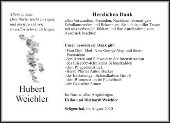Traueranzeige von Hubert Weichler von Südthüringer Presse