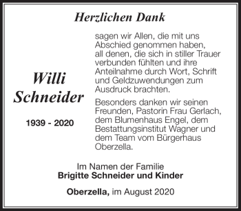 Traueranzeige von Willi Schneider von Südthüringer Presse