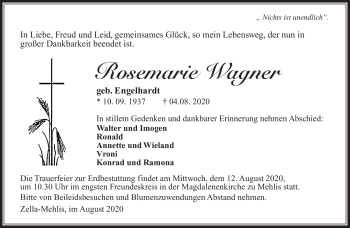 Traueranzeige von Rosemarie Wagner von Südthüringer Presse