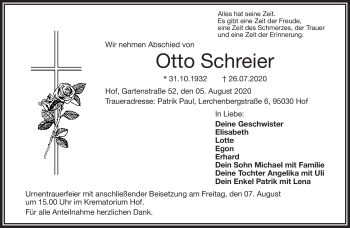 Traueranzeige von Otto Schreier von Frankenpost