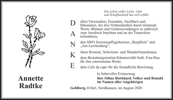 Traueranzeige von Annette Radtke von Südthüringer Presse