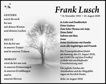 Traueranzeige von Frank-Olaf Lusch von Südthüringer Presse