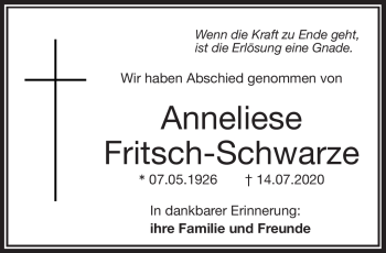 Traueranzeige von Anneliese Fritsch-Schwarze von Frankenpost