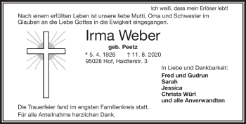 Traueranzeige von Irma Weber von Frankenpost