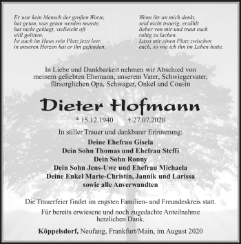 Traueranzeige von Dieter Hofmann von Südthüringer Presse