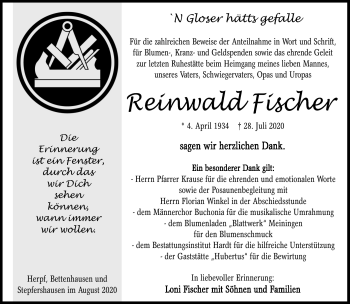 Traueranzeige von Reinwald Fischer von Südthüringer Presse