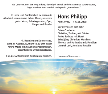 Traueranzeige von Hans Philipp von Frankenpost