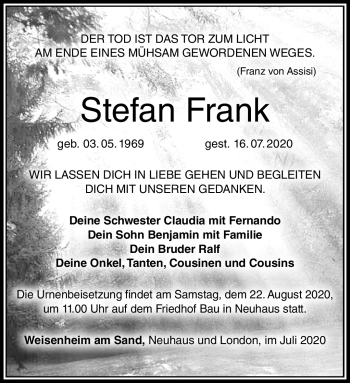 Traueranzeige von Stefan Frank von Südthüringer Presse