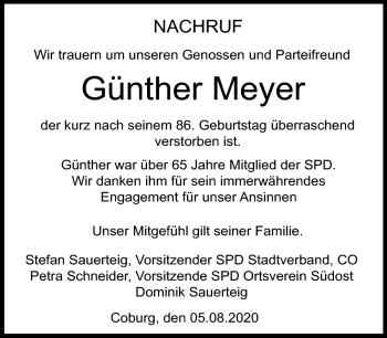 Traueranzeige von Günther Meyer von Neue Presse Coburg