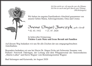 Traueranzeige von Irene Jurczyk von Südthüringer Presse