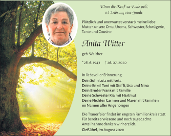 Traueranzeige von Anita Witter von Südthüringer Presse