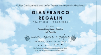Traueranzeige von Gianfranco Regalin von Frankenpost