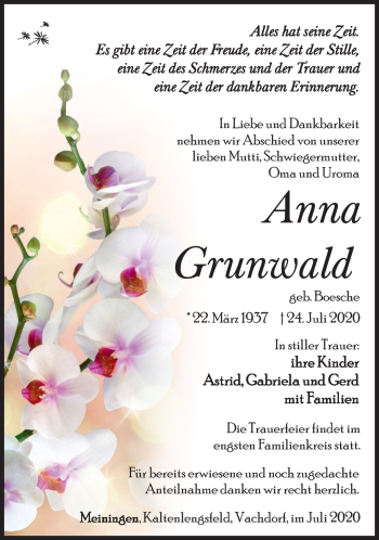 Traueranzeige von Anna Grunwald von Südthüringer Presse