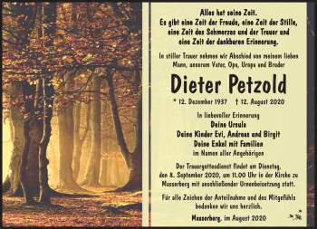 Traueranzeige von Dieter Petzold von Südthüringer Presse