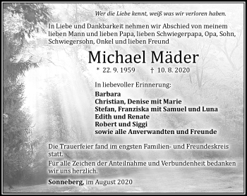 Traueranzeige von Michael Mäder von Südthüringer Presse