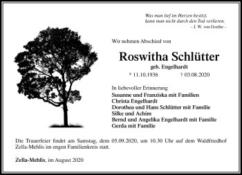 Traueranzeige von Roswitha Schlütter von Südthüringer Presse
