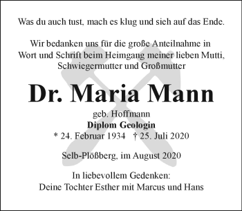 Traueranzeige von Maria Mann von Frankenpost