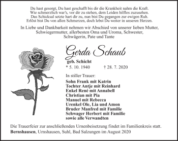 Traueranzeige von Gerda Schaub von Südthüringer Presse