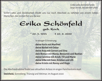 Traueranzeige von Erika Schönfeld von Südthüringer Presse