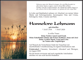 Traueranzeige von Hannelore Lehmann von Südthüringer Presse