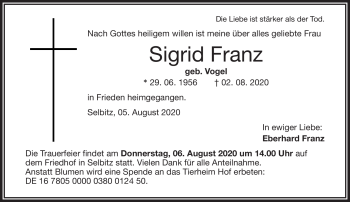 Traueranzeige von Sigrid Franz von Frankenpost