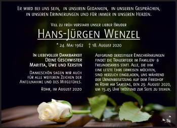 Traueranzeige von Hans-Jürgen Wenzel von Südthüringer Presse