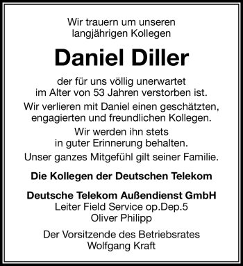 Traueranzeige von Daniel Diller von Südthüringer Presse
