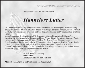 Traueranzeige von Hannelore Lutter von Südthüringer Presse