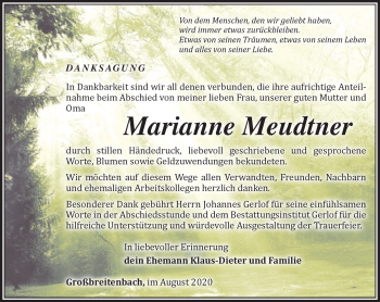 Traueranzeige von Marianne Meudtner von Südthüringer Presse
