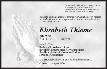Traueranzeige von Elisabeth Thieme von Südthüringer Presse