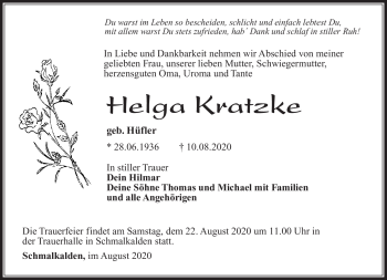 Traueranzeige von Helga Kratzke von Südthüringer Presse