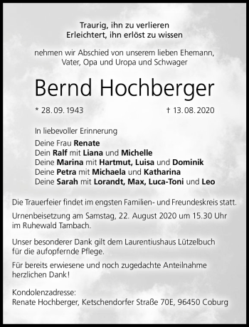 Traueranzeige von Bernd Hochberger von Neue Presse Coburg