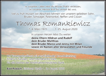 Traueranzeige von Thomas Romankiewicz von Südthüringer Presse