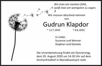 Traueranzeige von Gudrun Klapdor von Neue Presse Coburg