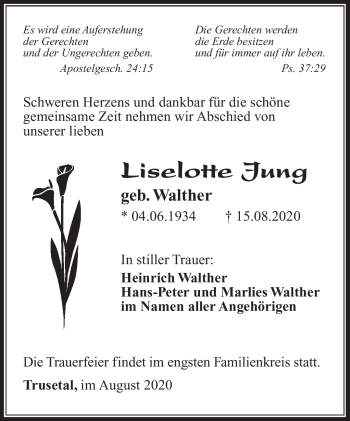 Traueranzeige von Lieselotte Jung von Südthüringer Presse