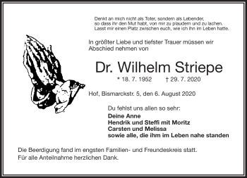 Traueranzeige von Wilhelm Striepe von Frankenpost
