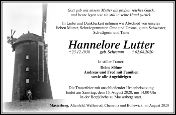 Traueranzeige von Hannelore Lutter von Südthüringer Presse