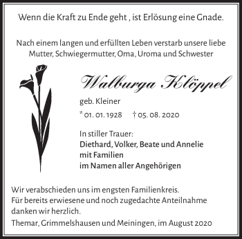 Traueranzeige von Walburga Klöppel von Südthüringer Presse