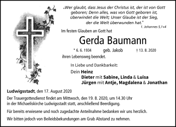 Traueranzeige von Gerda Baumann von Neue Presse Coburg