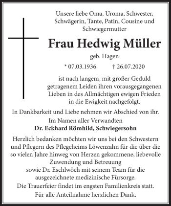Traueranzeige von Hedwig Müller von Frankenpost