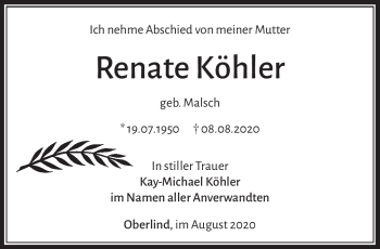 Traueranzeige von Renate Köhler von Südthüringer Presse