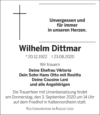 Traueranzeige von Wilhelm Dittmar von Südthüringer Presse