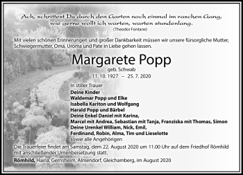 Traueranzeige von Margarete Popp von Südthüringer Presse